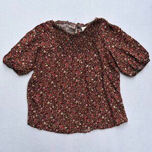 Knox Rose Floral Colorful Pink Orange Puffed Sleeve Peasant Blouse Size L Boho